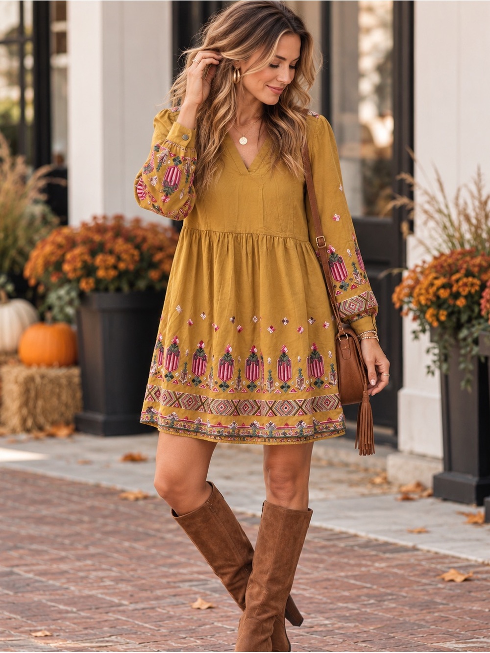 Floreat Anthropologie Mustard Embroidered Boho Dress Small